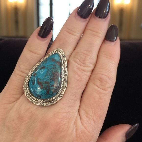Genuine Turquoise Teardrop Statement Ring - sterling Silver Setting